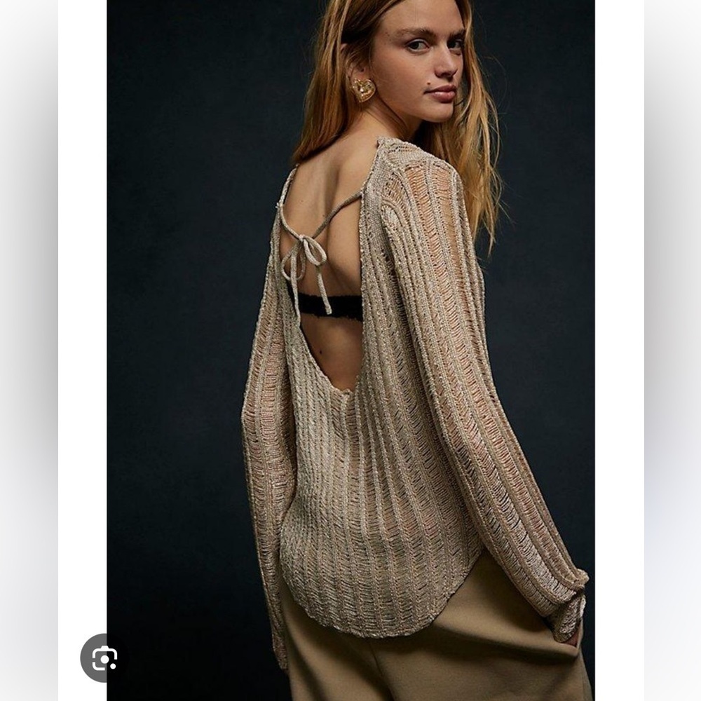 Free People Let’s Dance Long Sleeve Metallic Gold Sweater Top Size XS New